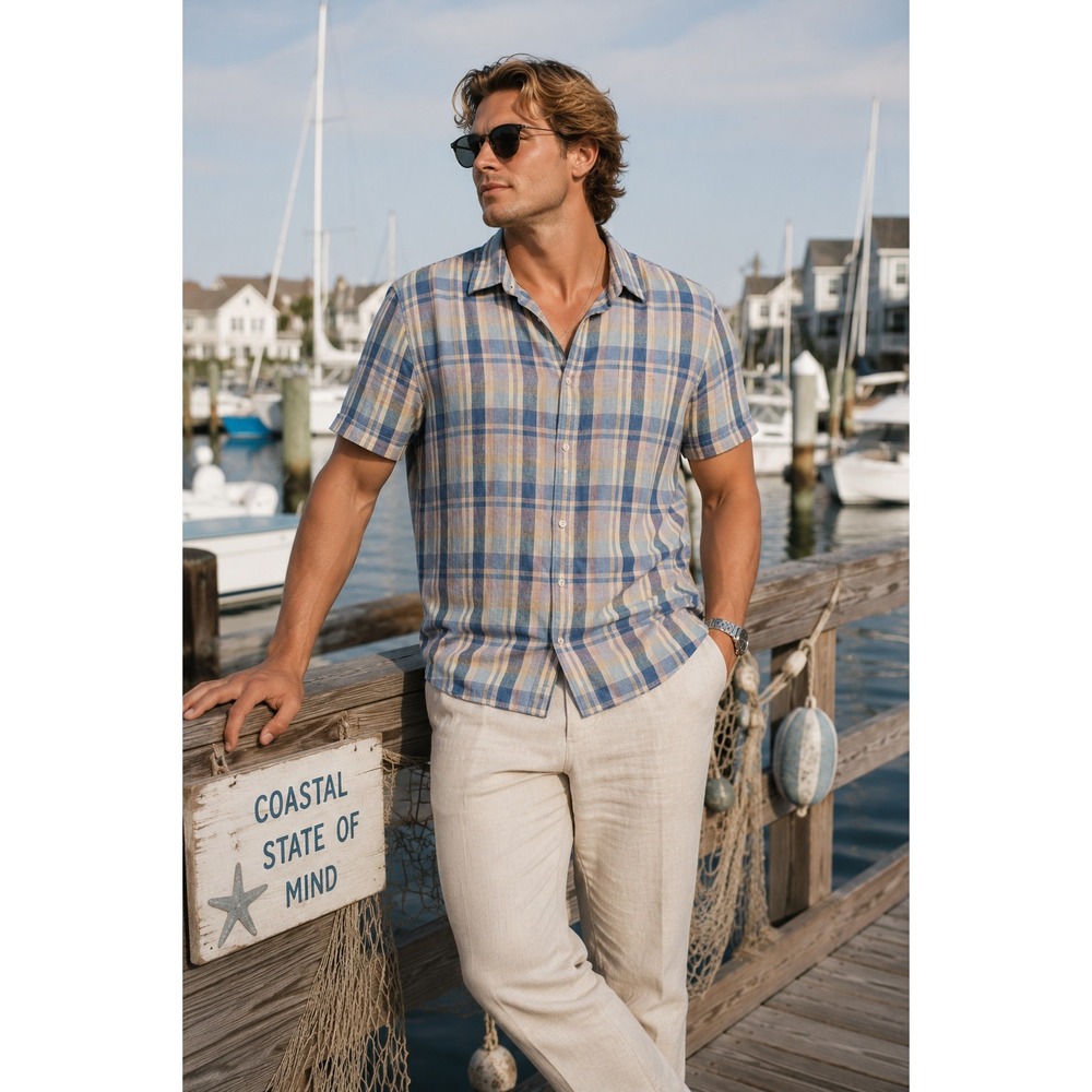 Preppy Plaid Coastal Nautical Izod Blue Plaid‎ Short Sleeve Slim Fit 2XL Shirt